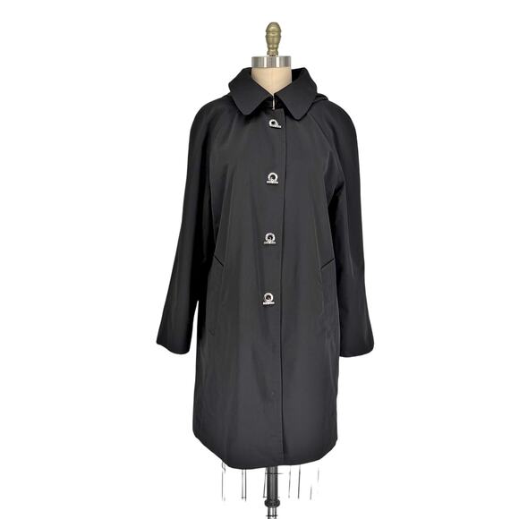 London Fog Water Resistant Hooded Trench Coat size Large Black Raincoat - Picture 1 of 11